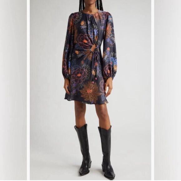 FARM RIO sparkle flowers mini dress cut out detail in black Long Sleeves Sz S - Picture 3 of 8